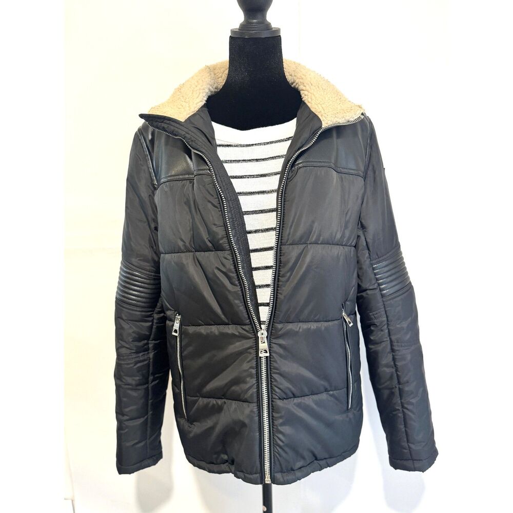 GUESS Black Puffer Jacket Faux Leather Trim Sherpa-Lined Collar X Small